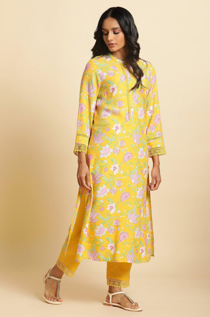Bright Yellow Floral Printed Kurta &amp; Pants Set - wforwoman
