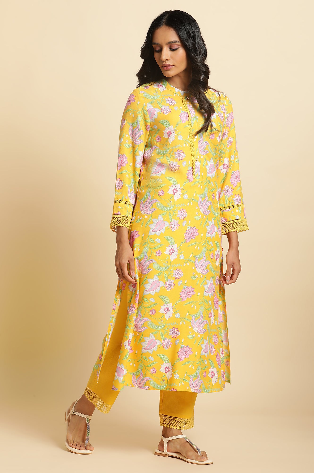Bright Yellow Floral Printed Kurta &amp; Pants Set - wforwoman