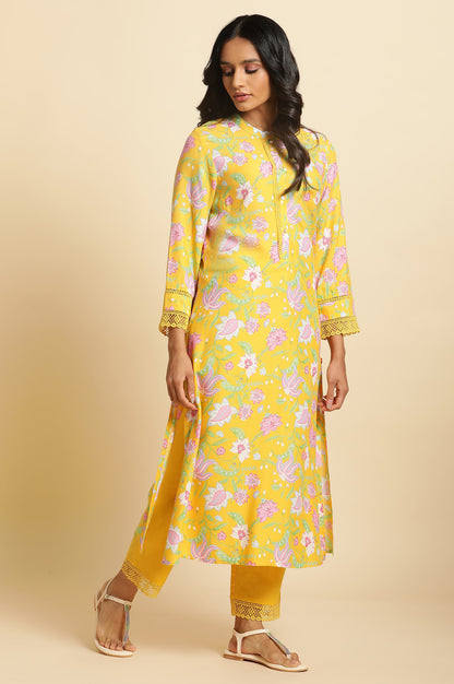 Bright Yellow Floral Printed Kurta &amp; Pants Set - wforwoman