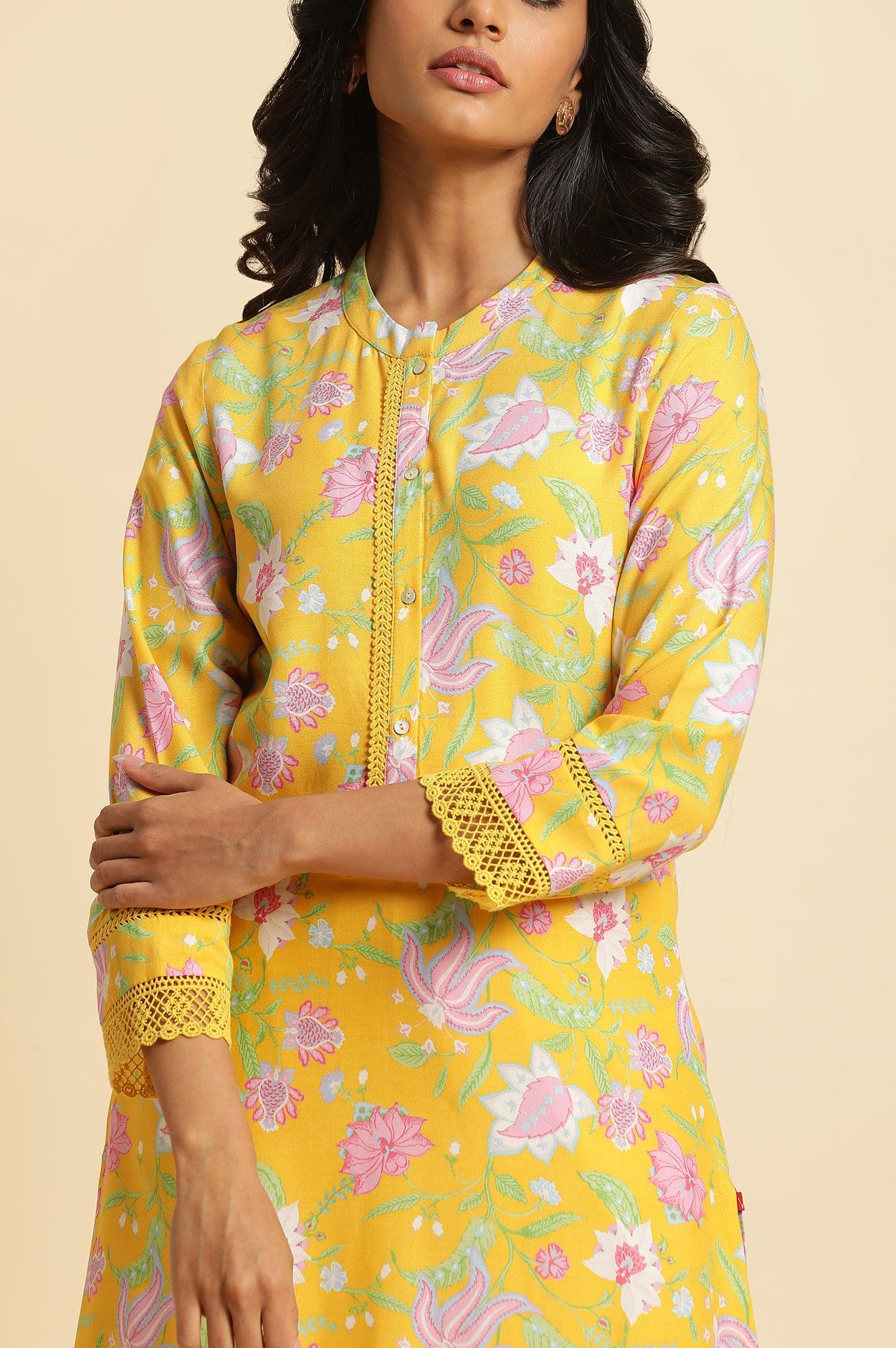 Bright Yellow Floral Printed Kurta &amp; Pants Set - wforwoman