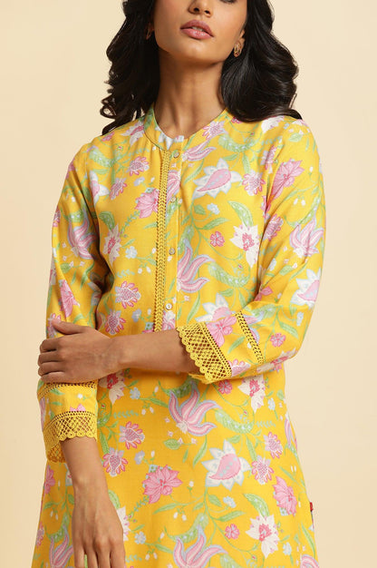 Bright Yellow Floral Printed Kurta &amp; Pants Set - wforwoman