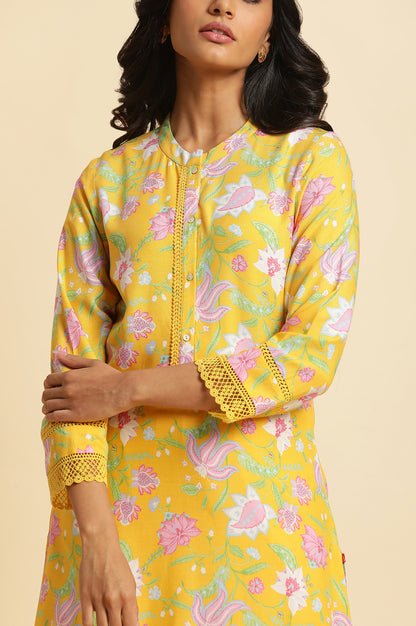 Bright Yellow Floral Printed Kurta &amp; Pants Set - wforwoman