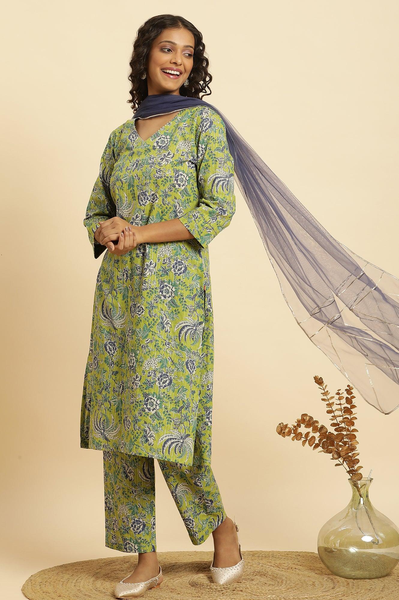 Light Green Floral Printed Kurta, Pants And Dupatta Set - wforwoman