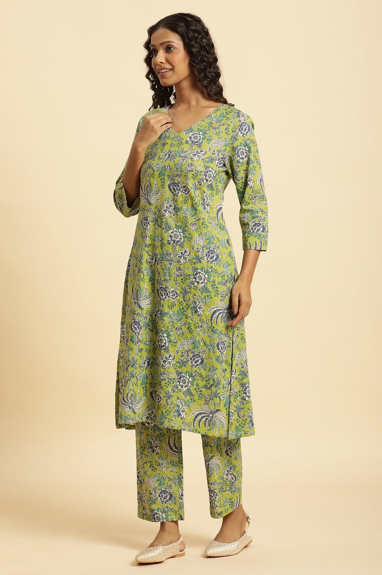 Light Green Floral Printed Kurta, Pants And Dupatta Set - wforwoman