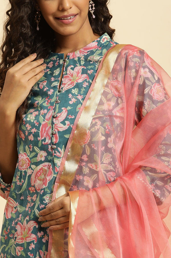 Teal Blue Printed Kurta, Bottom And Organza Dupatta Set