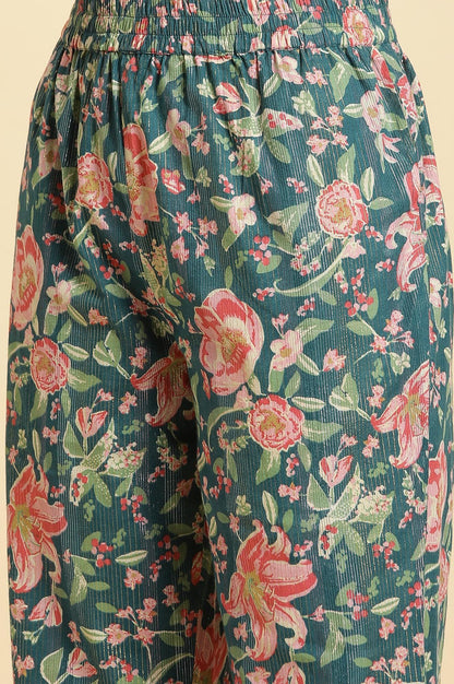 Teal Blue Printed Kurta, Bottom And Organza Dupatta Set - wforwoman