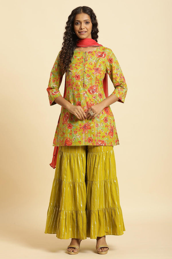 Green Floral Printed Short Kurta, Sharara And Dupatta Set