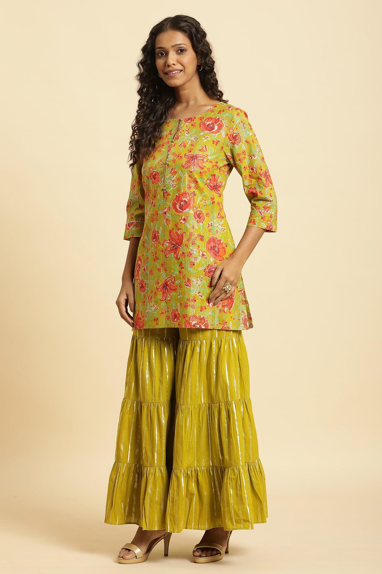 Green Floral Printed Short Kurta, Sharara And Dupatta Set - wforwoman