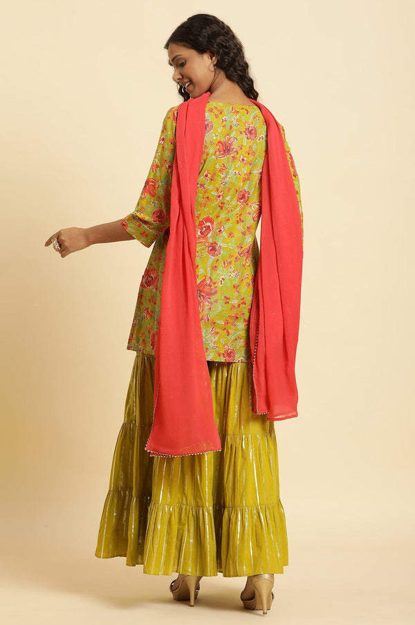 Green Floral Printed Short Kurta, Sharara And Dupatta Set
