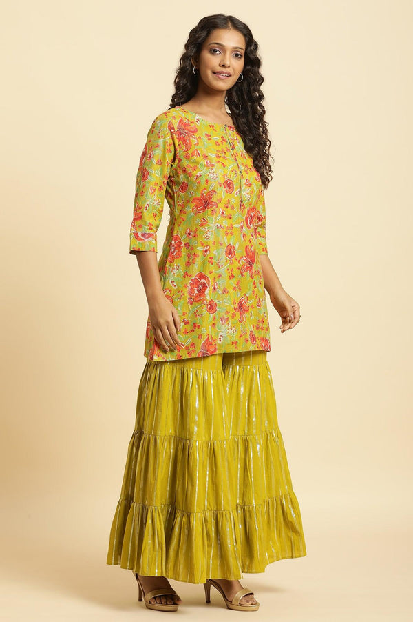 Green Floral Printed Short Kurta, Sharara And Dupatta Set