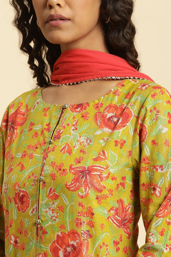 Green Floral Printed Short Kurta, Sharara And Dupatta Set