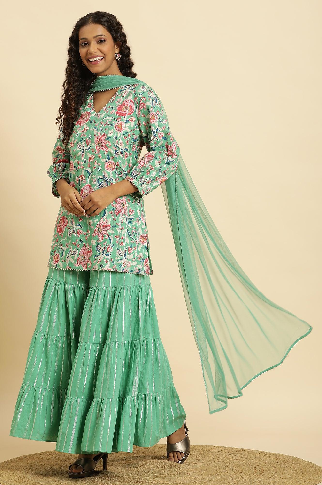 Mint Green Printed Short Kurta, Tiered Sharara And Dupatta - wforwoman