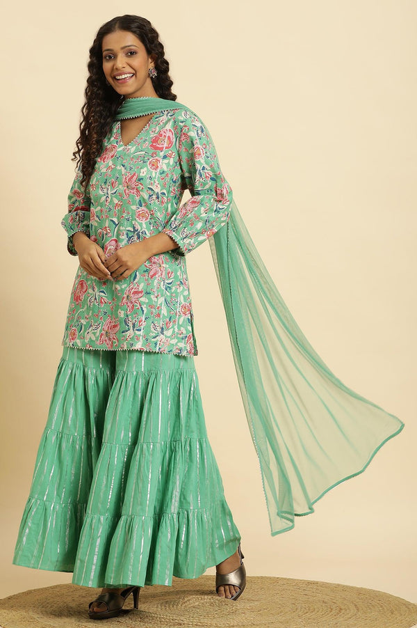 Mint Green Printed Short Kurta, Tiered Sharara and Dupatta Set