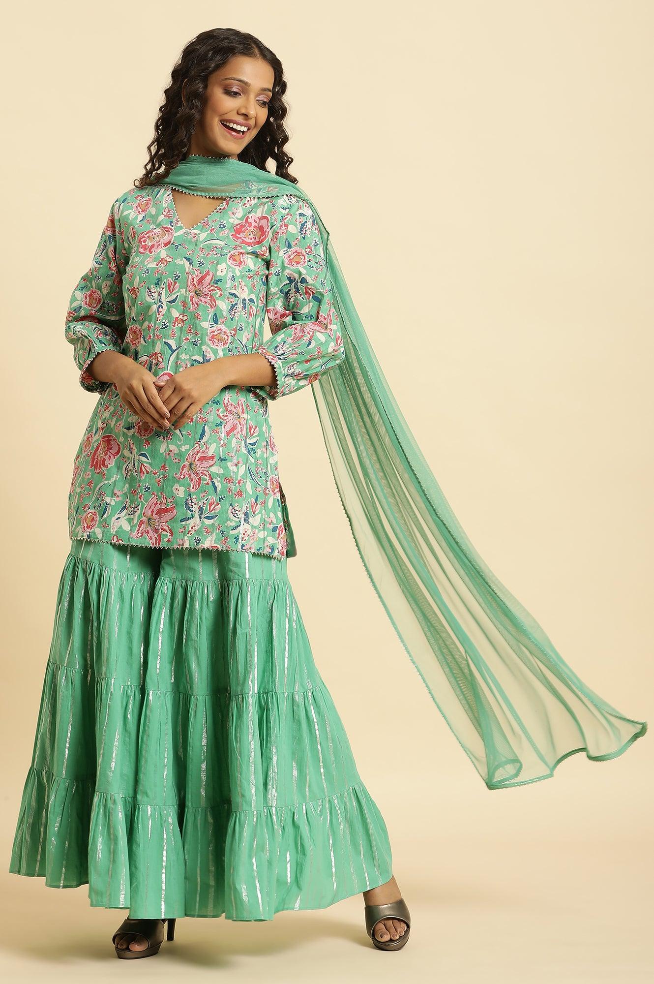 Mint Green Printed Short Kurta, Tiered Sharara And Dupatta - wforwoman