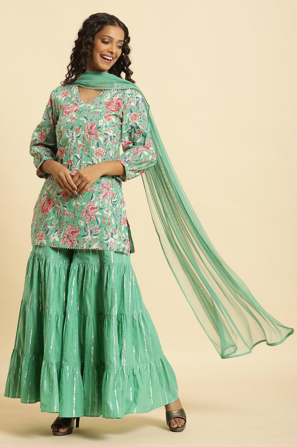 Mint Green Printed Short Kurta, Tiered Sharara and Dupatta Set