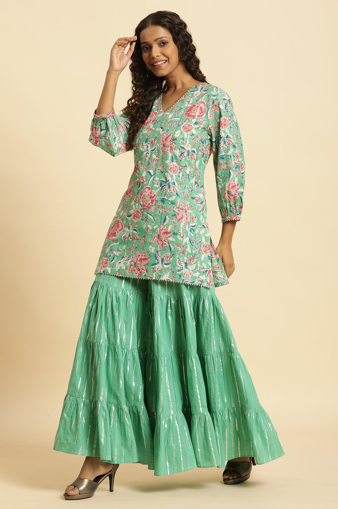 Buy Ishin Women Turquoise Blue Sequinned Pure Cotton Kurti With Sharara & Dupatta - Kurta Sets