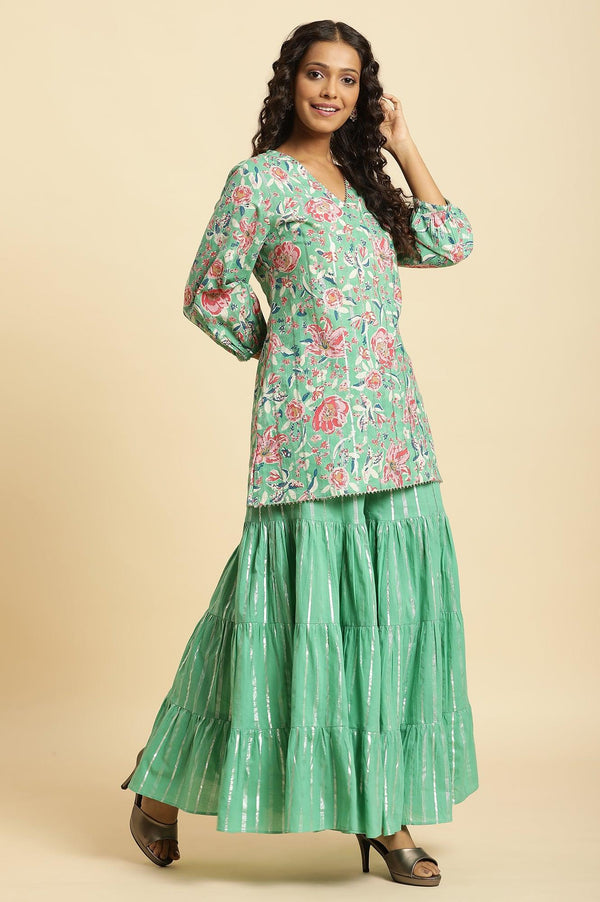 Mint Green Printed Short Kurta, Tiered Sharara and Dupatta Set