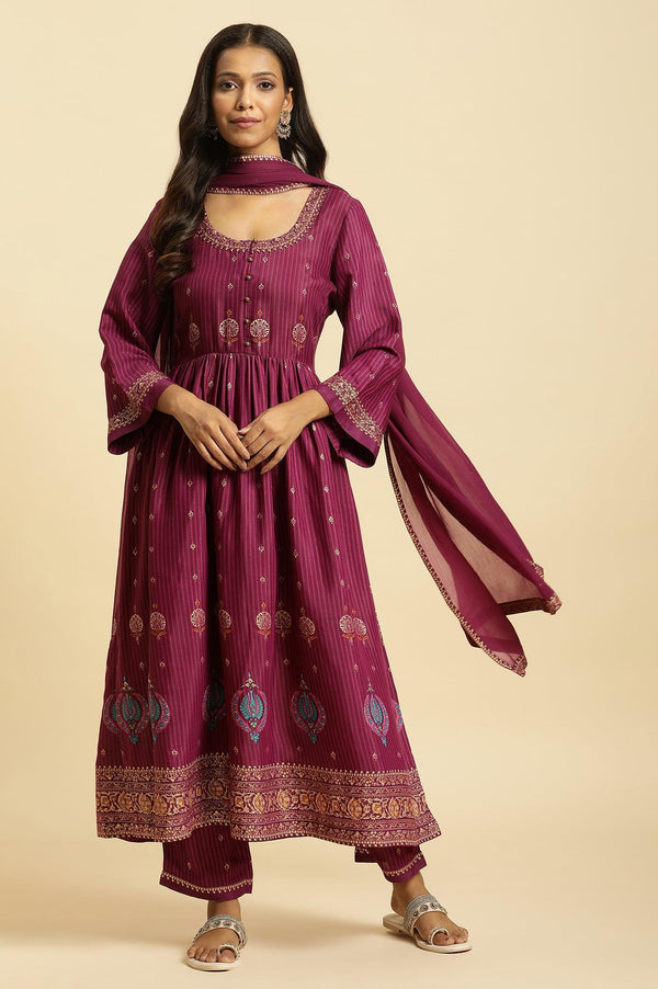 Purple Embellished Kurta, Pants And Dupatta Set
