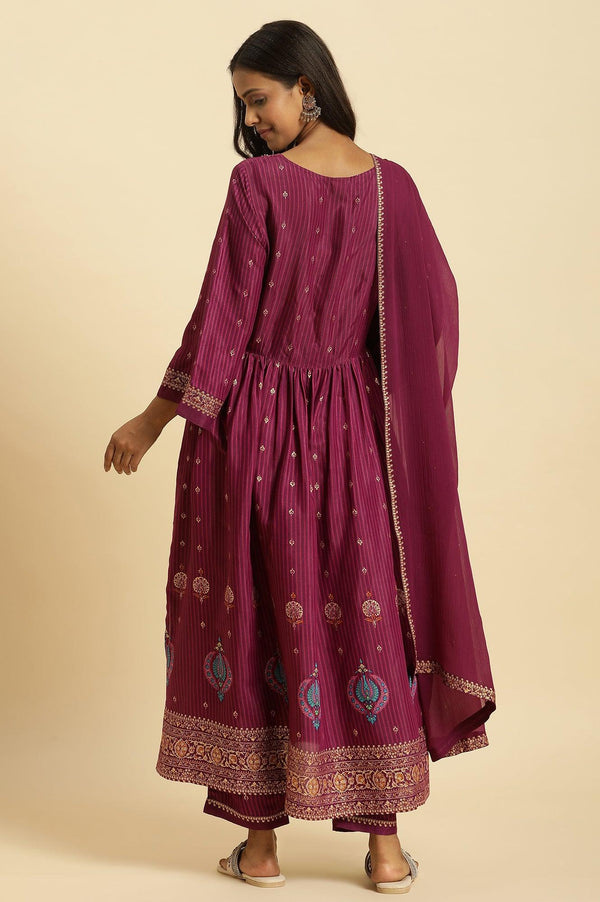 Purple Embellished Kurta, Pants And Dupatta Set