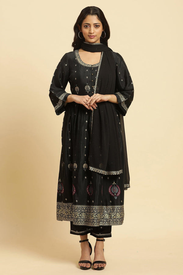 Black Kurta, Pants and Dupatta Festive Set
