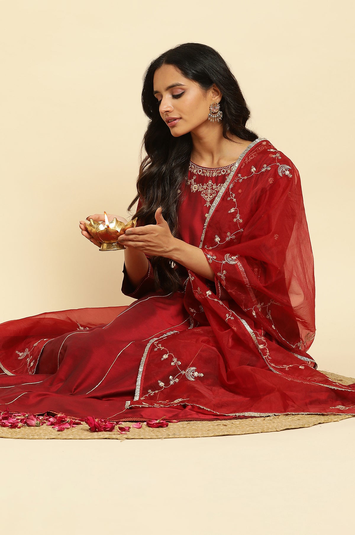 Dark Red Zari Embroidered Festive Kurta, Pant And Dupatta Set - XS