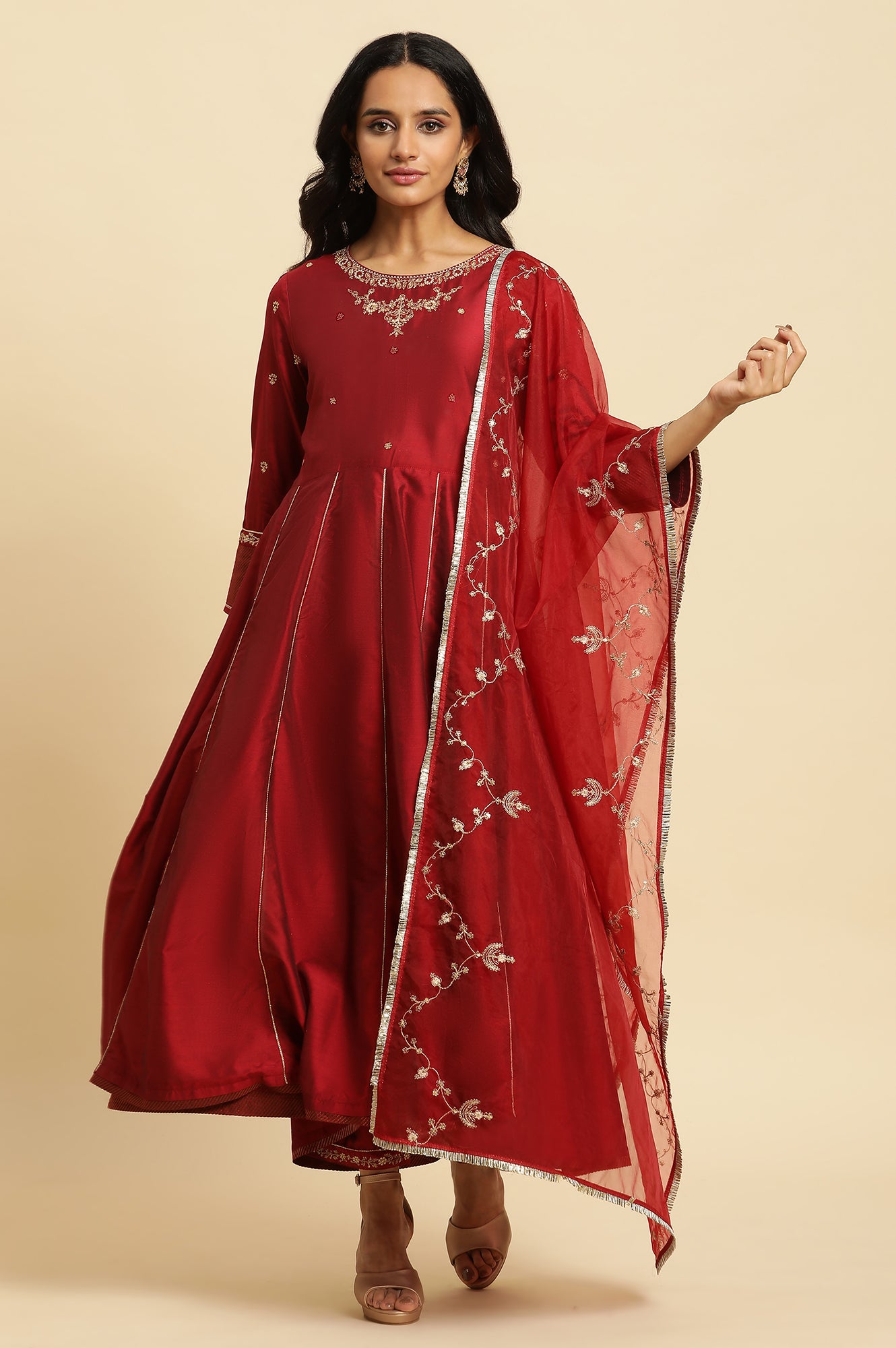 Dark Red Zari Embroidered Festive Kurta, Pant And Dupatta Set - wforwoman