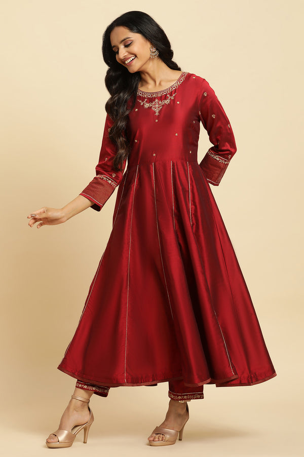 Dark Red Zari Embroidered Festive Kurta, Pant And Dupatta Set
