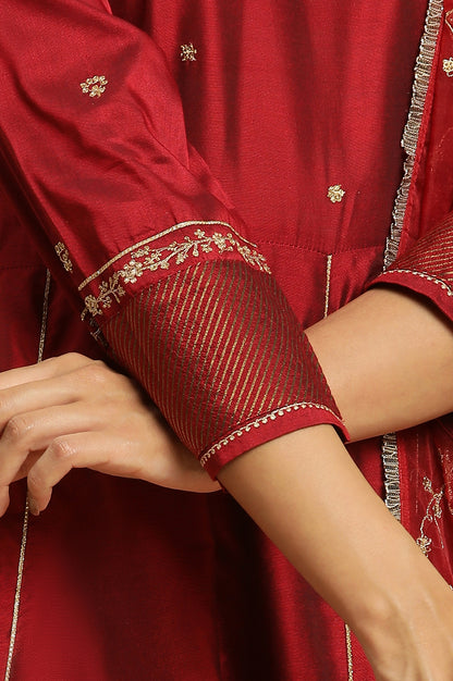 Dark Red Zari Embroidered Festive Kurta, Pant And Dupatta Set - wforwoman