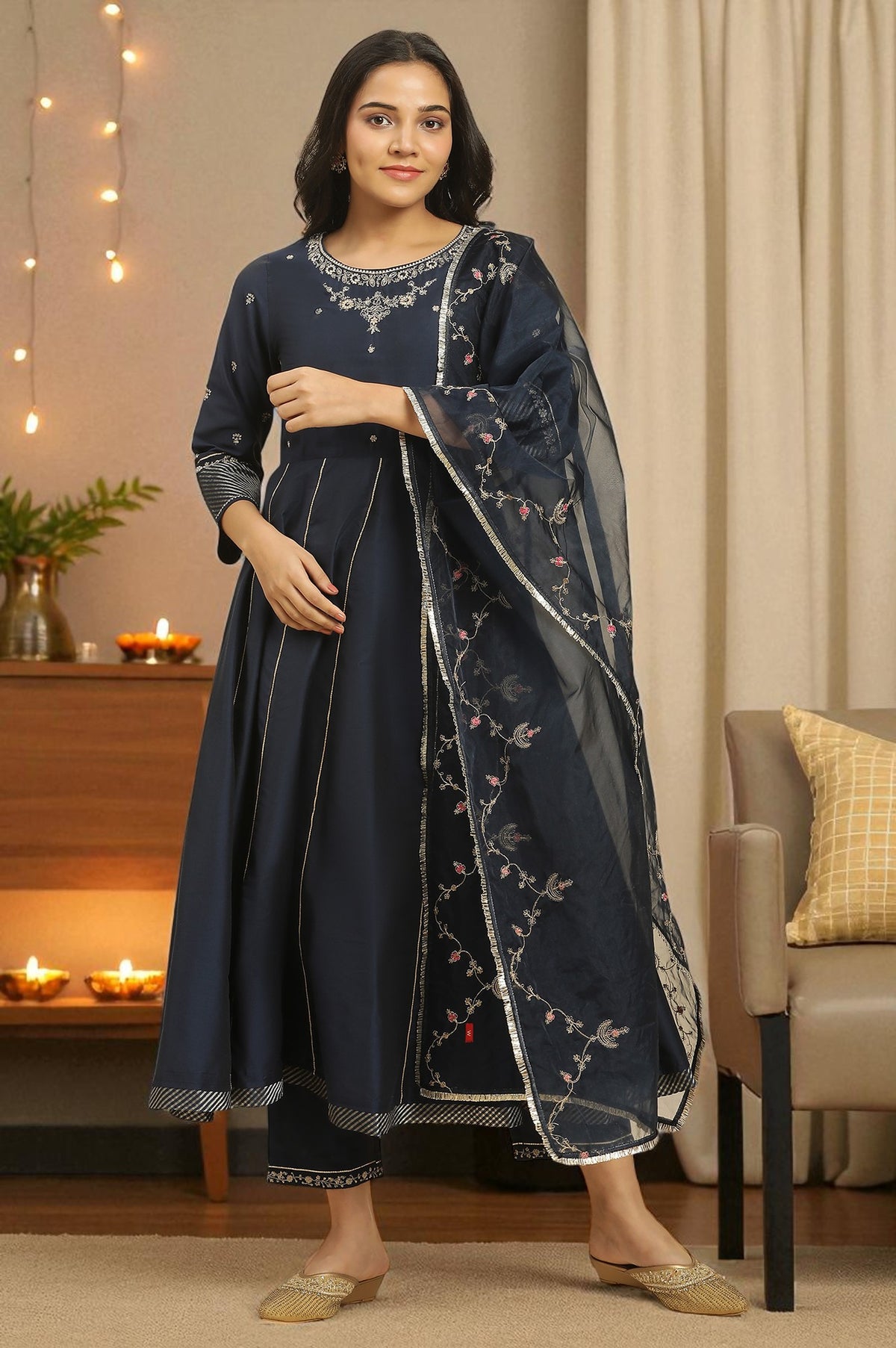 Dark Blue Zari Embroidered Festive Kurta, Pants and Dupatta Set
