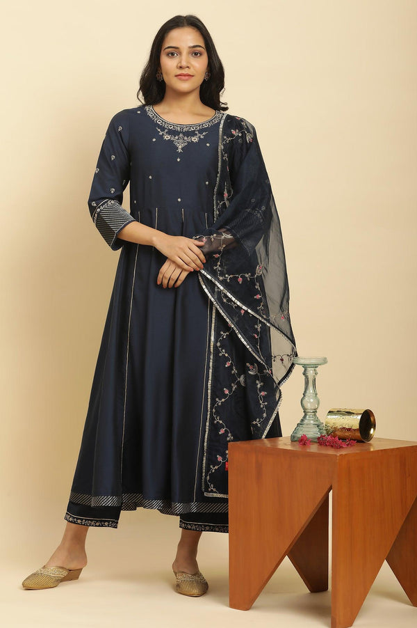 Dark Blue Zari Embroidered Festive Kurta, Pants and Dupatta Set
