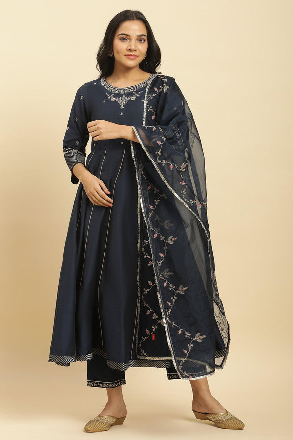 Dark Blue Zari Embroidered Festive Kurta, Pants and Dupatta Set