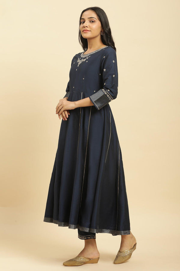 Dark Blue Zari Embroidered Festive Kurta, Pants and Dupatta Set