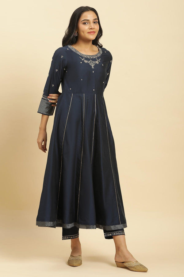 Dark Blue Zari Embroidered Festive Kurta, Pants and Dupatta Set