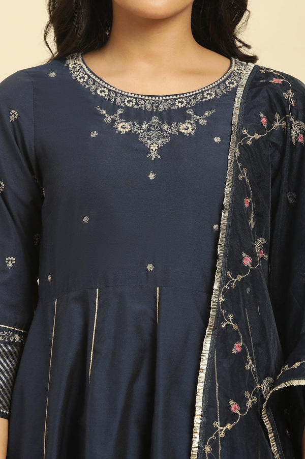 Dark Blue Zari Embroidered Festive Kurta, Pants and Dupatta Set