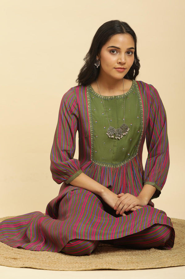 Multicoloured Stripe Printed And Green Embellished Yoke Kurta And Pants Set