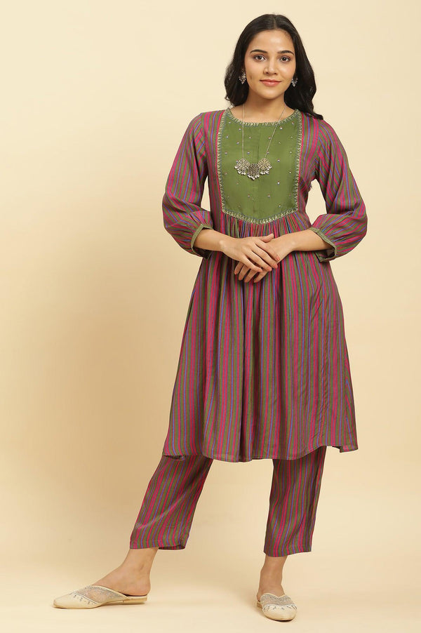 Multicoloured Stripe Printed And Green Embellished Yoke Kurta And Pants Set