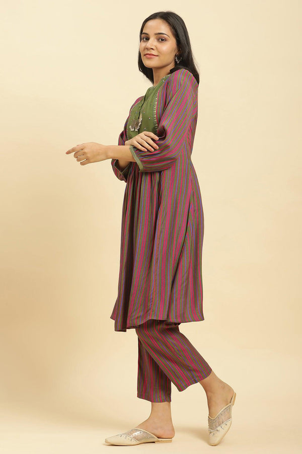 Multicoloured Stripe Printed And Green Embellished Yoke Kurta And Pants Set