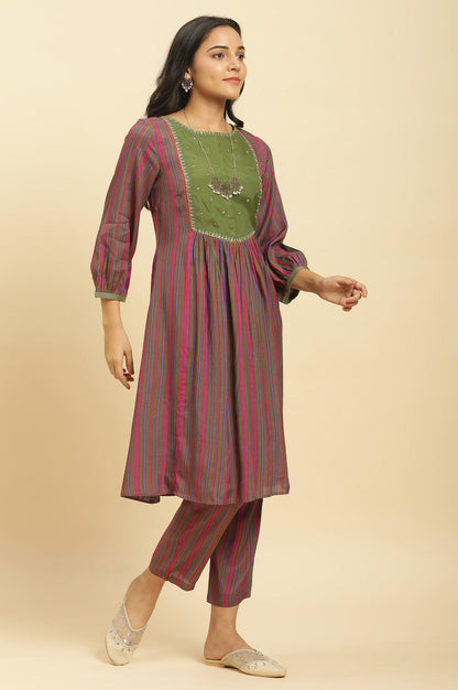 Multicoloured Stripe Printed And Green Embellished Yoke Kurta And Pants Set - wforwoman