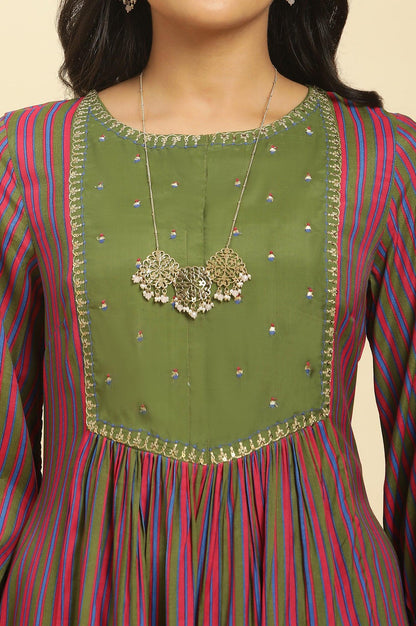 Multicoloured Stripe Printed And Green Embellished Yoke Kurta And Pants Set - wforwoman
