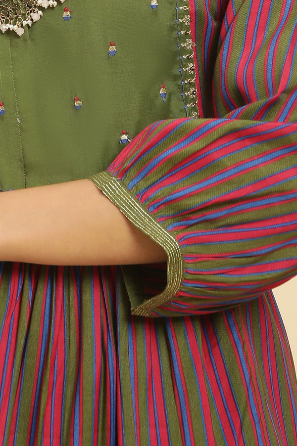 Multicoloured Stripe Printed And Green Embellished Yoke Kurta And Pants Set