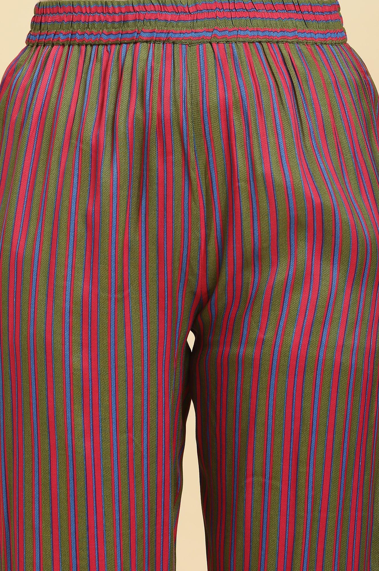 Multicoloured Stripe Printed And Green Embellished Yoke Kurta And Pants Set - wforwoman