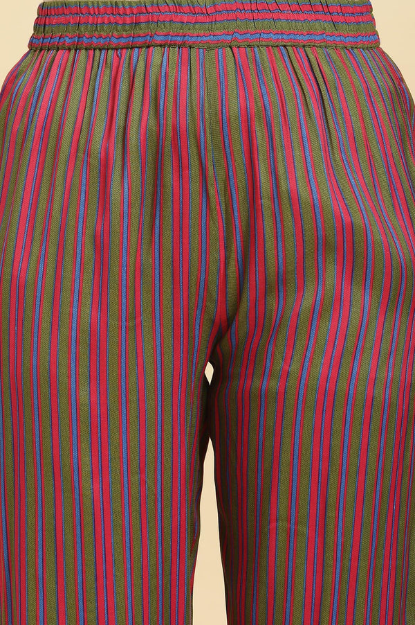 Multicoloured Stripe Printed And Green Embellished Yoke Kurta And Pants Set