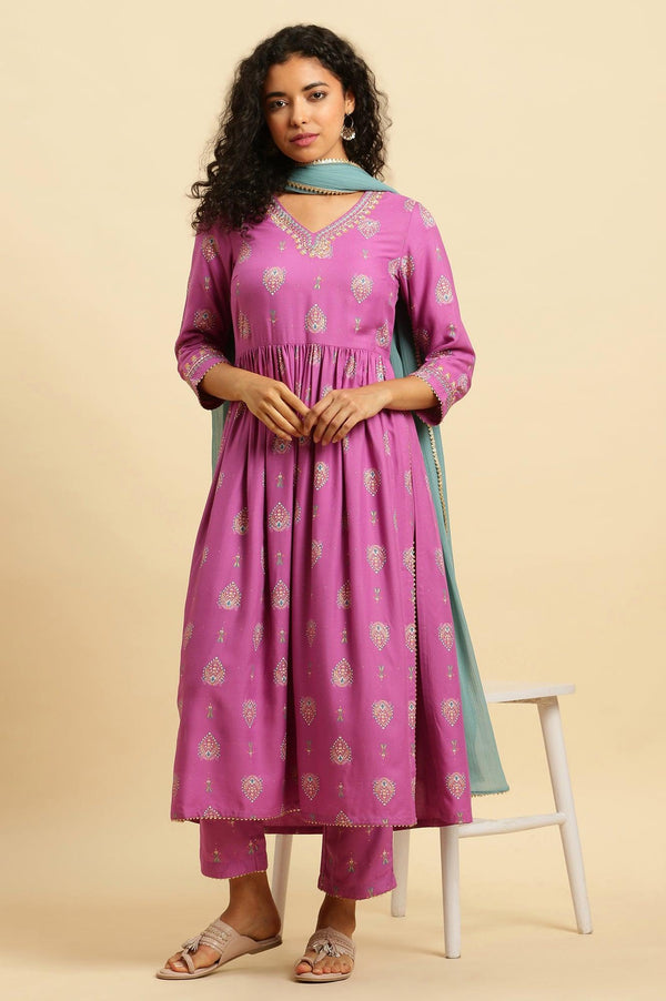 Purple Paisley Printed Kurta, Pants and Dupatta Set
