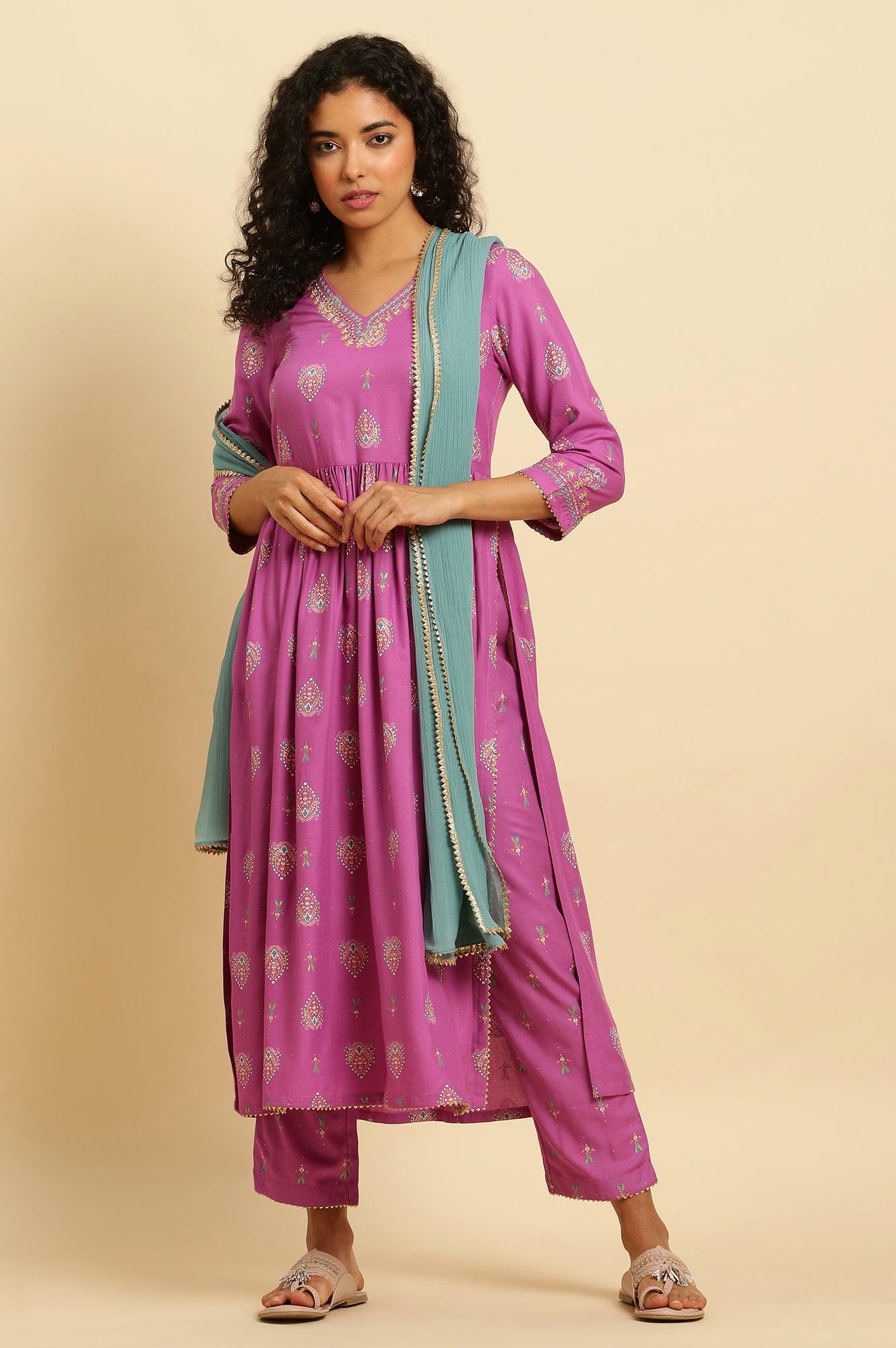 Purple Paisley Printed Gathered Kurta, Pants And Dupatta Set - wforwoman