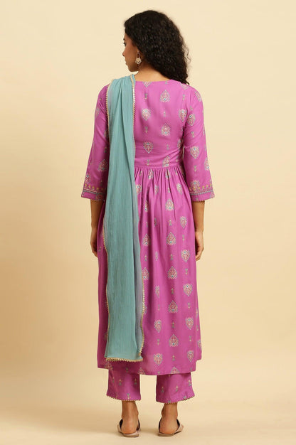 Purple Paisley Printed Gathered Kurta, Pants And Dupatta Set - wforwoman