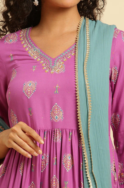 Purple Paisley Printed Gathered Kurta, Pants And Dupatta Set - wforwoman