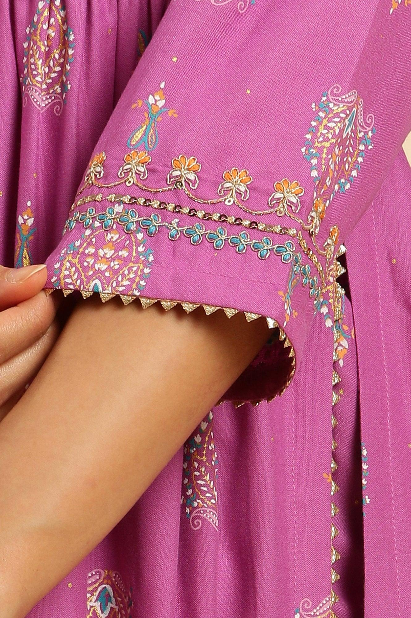 Purple Paisley Printed Gathered Kurta, Pants And Dupatta Set - wforwoman