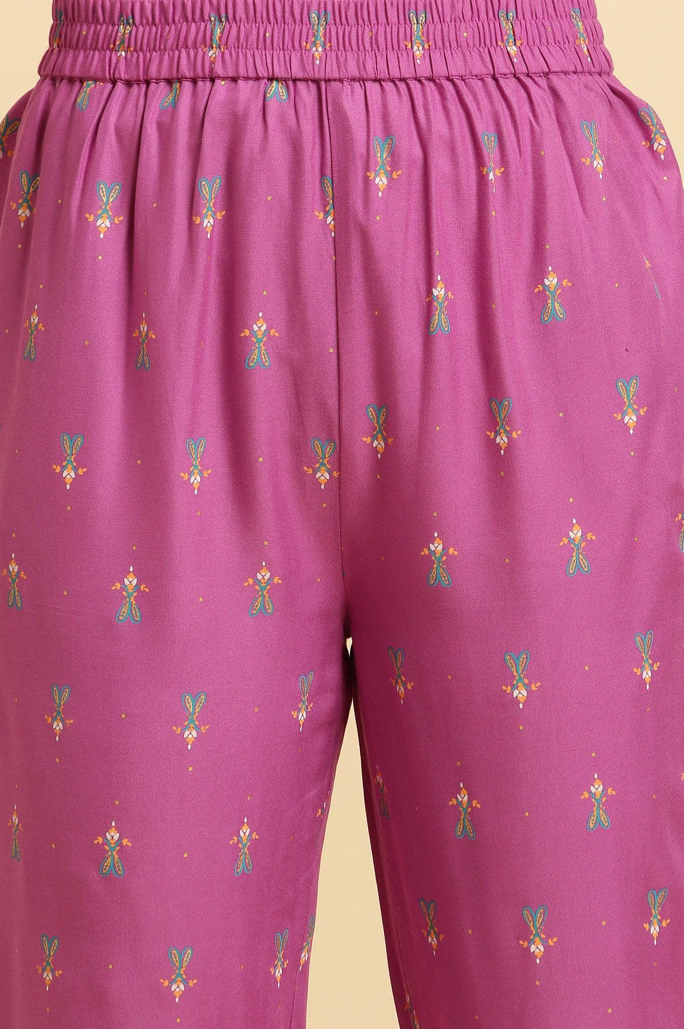 Purple Paisley Printed Gathered Kurta, Pants And Dupatta Set - wforwoman