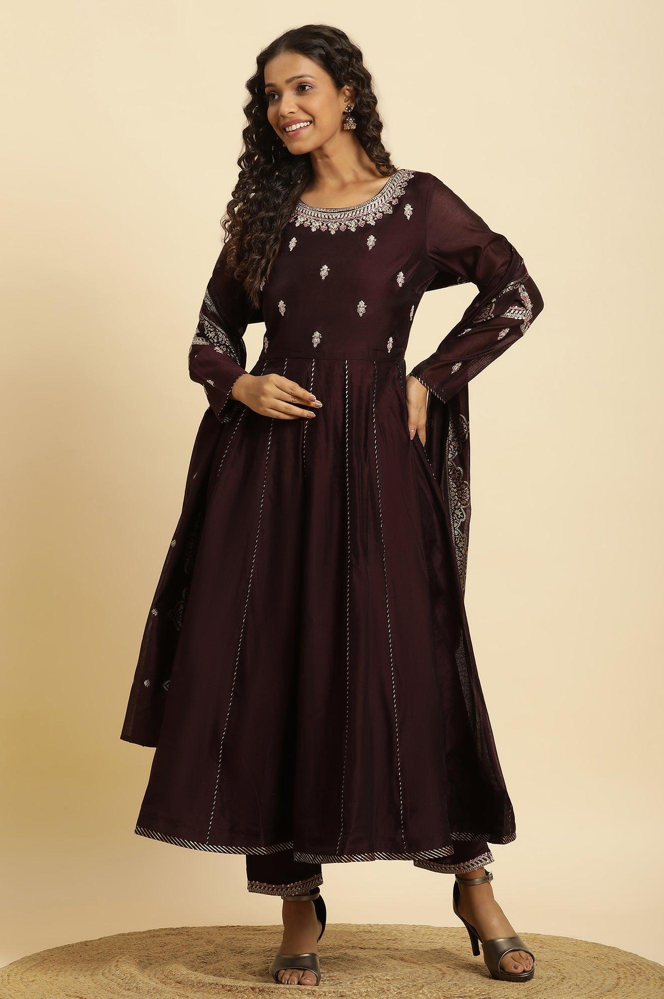 Purple Flared Embroidered Kurta, Pants And Dupatta Set - wforwoman