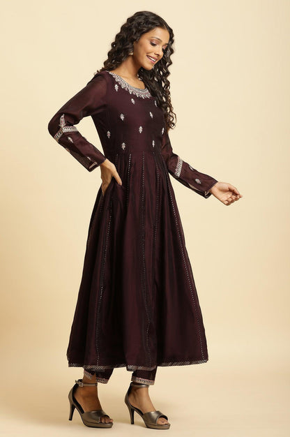 Purple Flared Embroidered Kurta, Pants And Dupatta Set - wforwoman